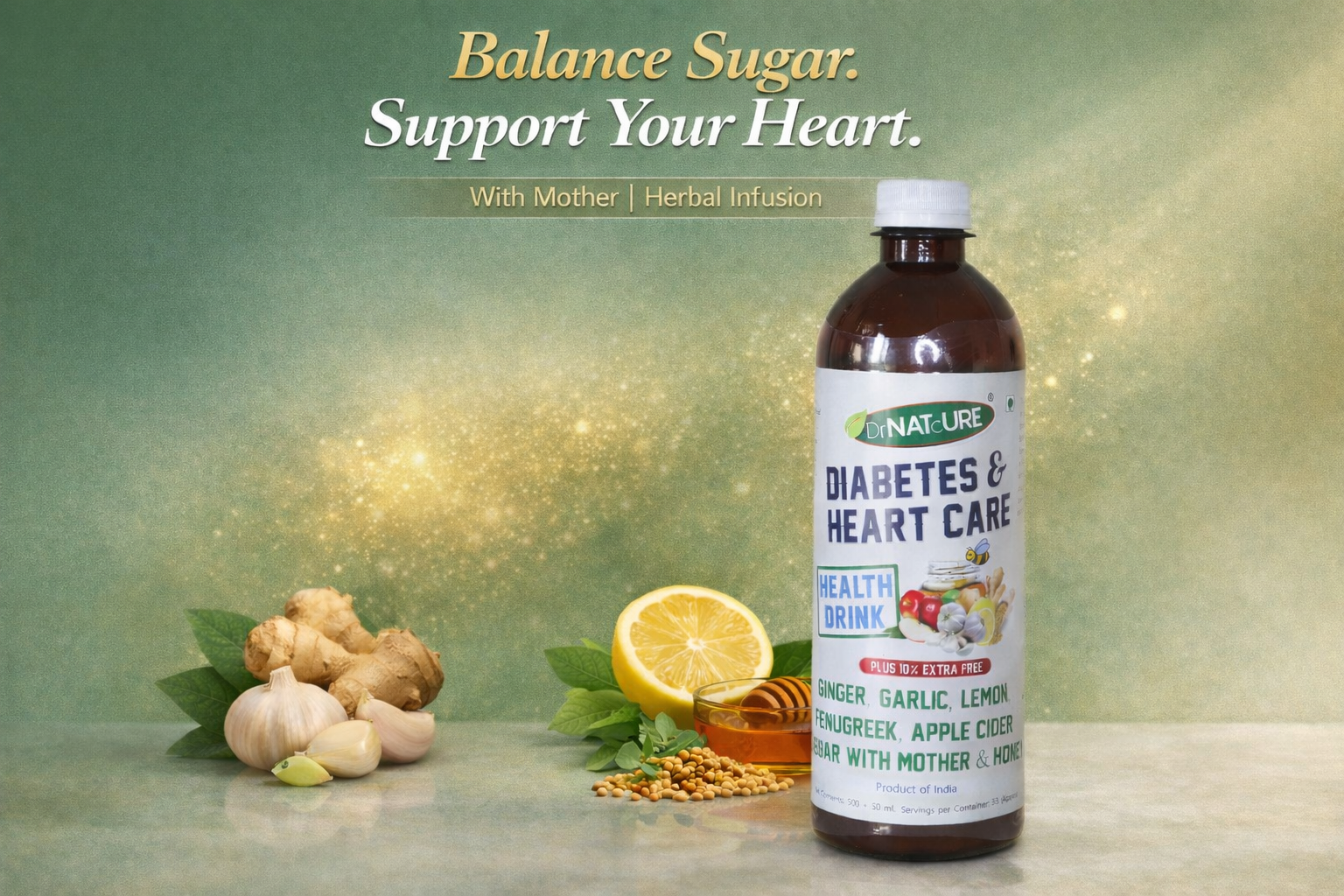 Diabetic & Heart Care Apple Cider Vinegar Wellness Drink with Mother | Ginger, Garlic, Fenugreek, Lemon & Honey | Daily Sugar Balance & Heart Health Support