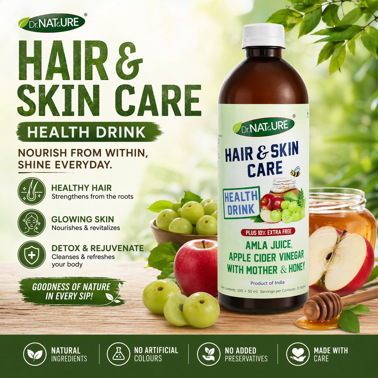 Hair & Skin Care Apple Cider Vinegar Wellness Drink with Mother | Amla Juice & Honey | Natural Glow, Hair Strength & Beauty Support
