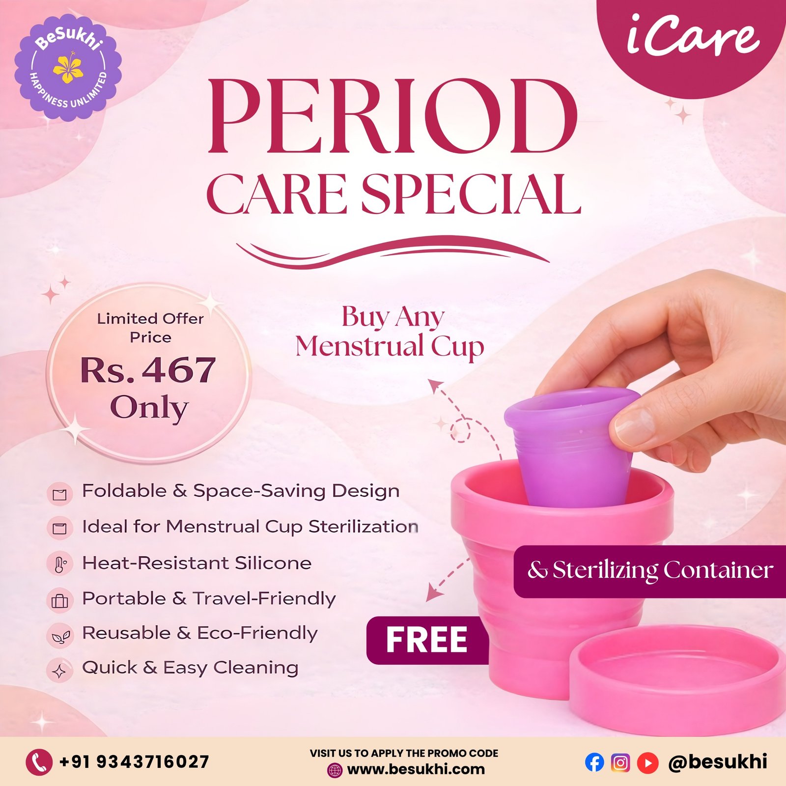 iCare Reusable Menstrual Cup Mother’s Day Gift Edition Free Silicone Sterilizing Container | Medical Grade Silicone | Comfortable Leakproof Period Care
