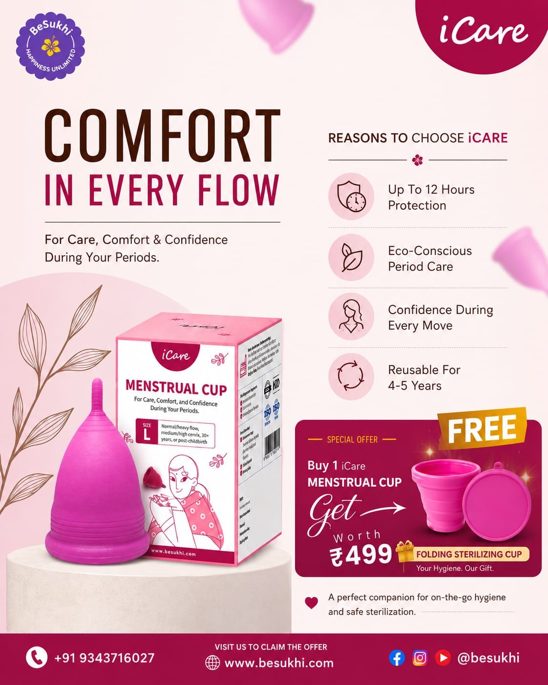 Buy iCare Reusable Menstrual Cup Get Free Silicone Sterilizing Container | Medical Grade Silicone | Comfortable Leakproof Period Care