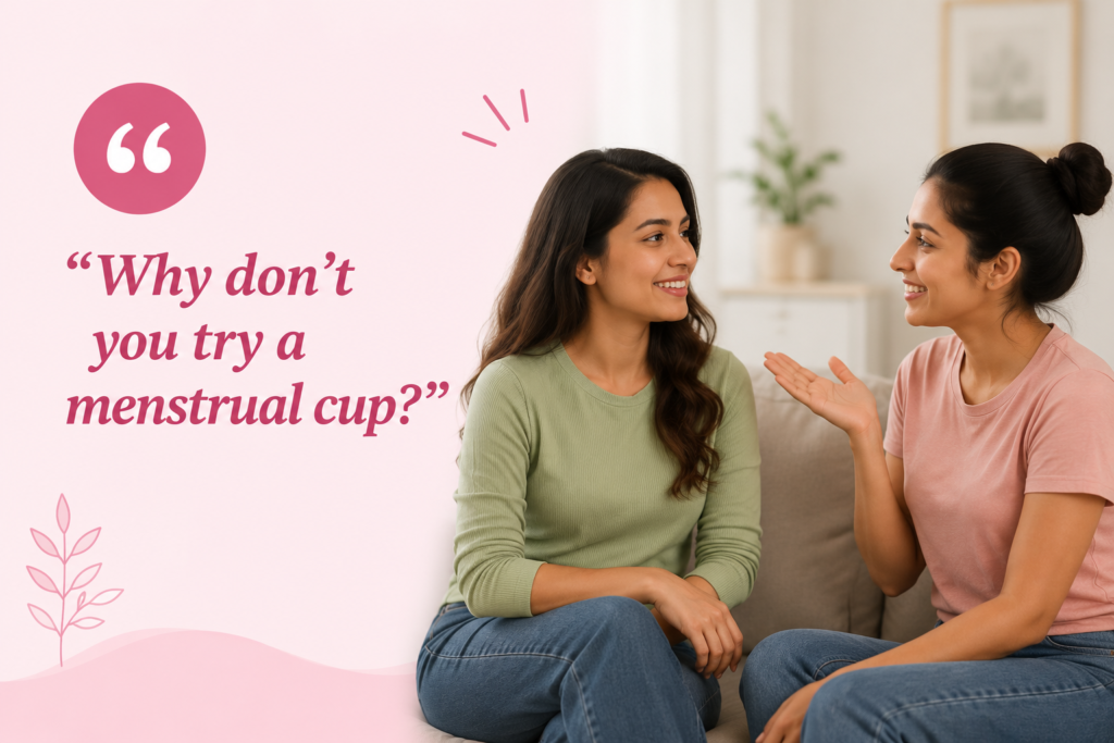 Friends discussing menstrual cups